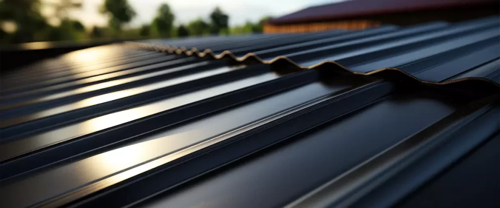 corrugated metal roof installed in a modern house. Corrugated metal roof Modern roof made of metal Metal sheet roof.