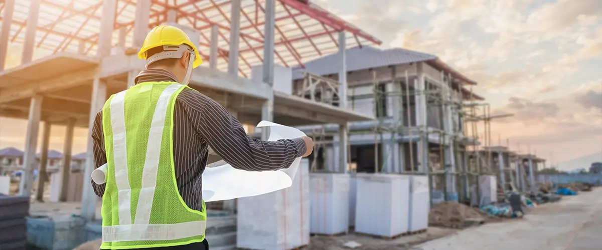 Construction worker inspecting blueprints at a residential building site